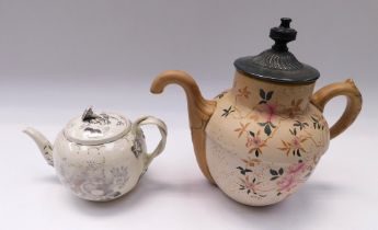 Mid to late 19th century Leeds Pottery creamware, teapot with twisted handle and metallic detail