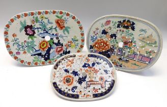 Three 19th century ironstone transfer printed drainers to include; Hicks & Meigh. Size: 28x20cm,