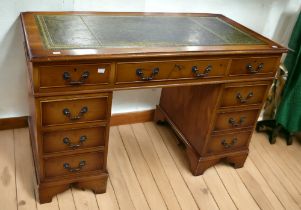 Reproduction Mid 20th century pedestal writing desk, with green inlayed writing surface.