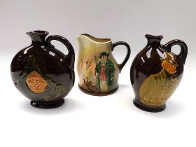 Royal Doulton water jugs, two for Dewar's Whisky, one with relief design of 'Micawber', the other