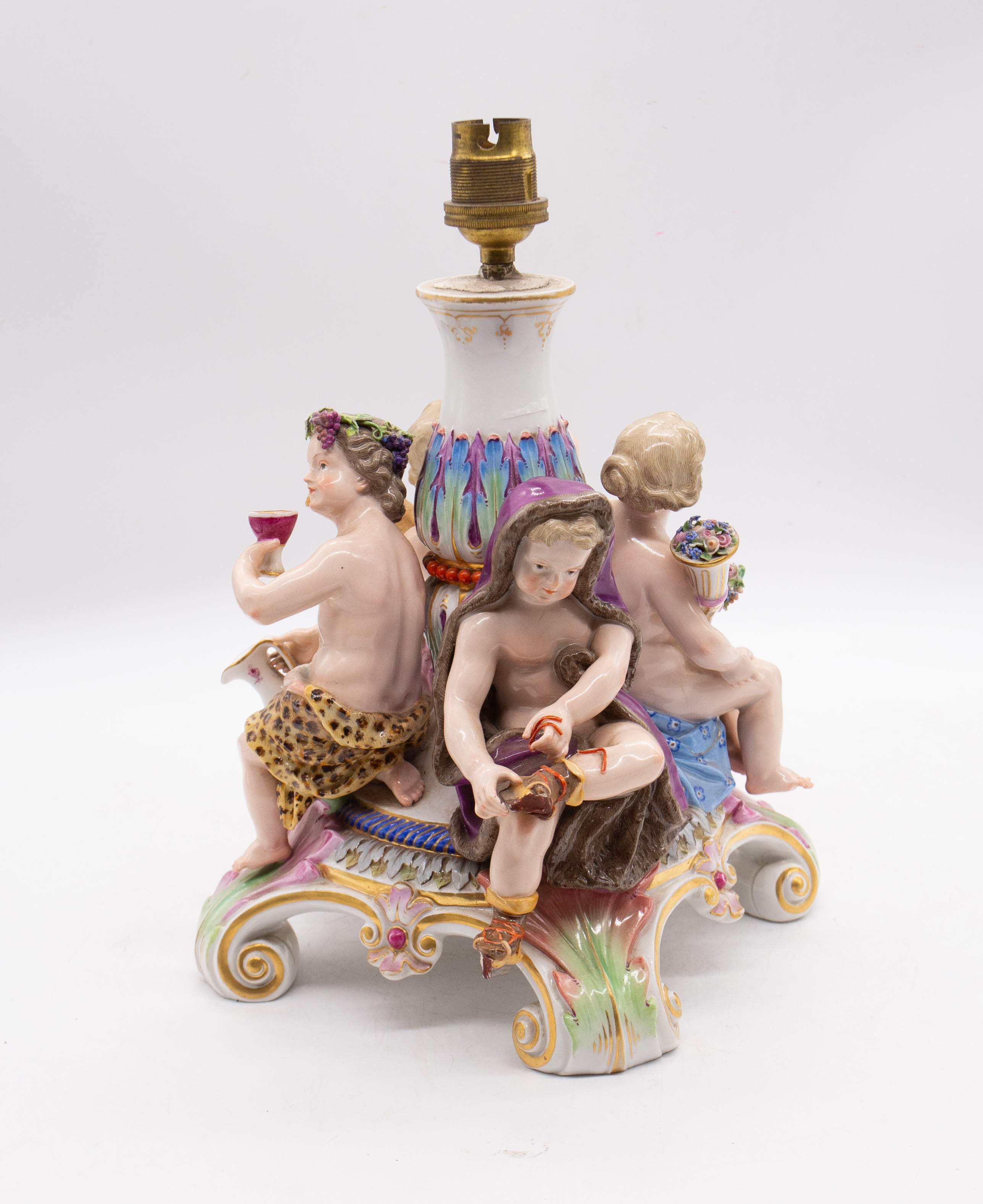 Meissen - A 19th century painted ceramic comport base, broken in the past and turned into lamp base.