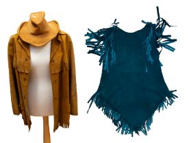 A tan leather cowboys jacket and suede hat, the fringed jacket is a size 12-14 with studded buttons,