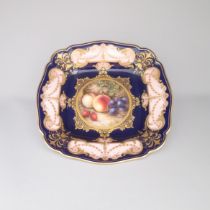 A Royal Worcester square Dessert Dish, painted with fruit, peaches, strawberries and grapes,
