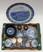 A collection of Wedgwood jasperwares including; black bowl, blue bowl, commemorative pieces, and