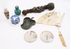 A small collection of Chinese/ Eastern and other items to include; a small blue and white trinket