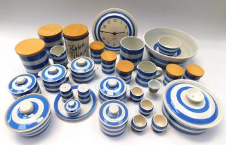 Cornish ware: A collection of blue and white TG Green wares, including mugs, clock, canisters