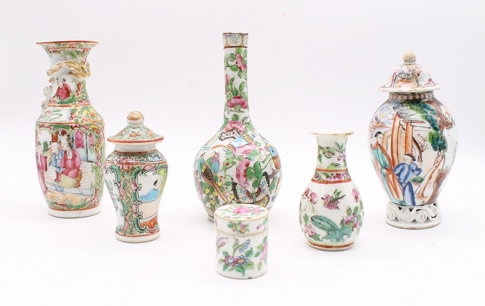 A collection of Chinese export famille rose porcelain vases and pots, c.1860, with rose medallion