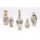 A collection of Chinese export famille rose porcelain vases and pots, c.1860, with rose medallion