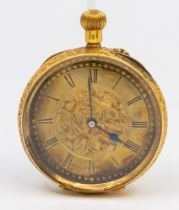 A ladies Victorian 18ct gold open faced pocket watch, comprising a gilt dial with numeral indices,