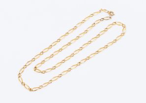 A yellow metal fancy link chain, width approx 3mm, length approx 50cm, unmarked probably 18ct