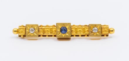 A Victorian sapphire and diamond gold bar brooch, comprising a series of three box like sections,