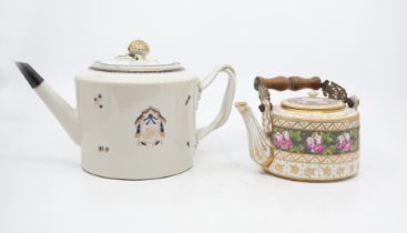 Two 18th century porcelain tea pots with coat of arms, roses and gilt detail. A.F. Marks to the base