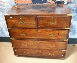 Early 19th century two over three campaign chest of drawers in mahogany. Splits in two with carry