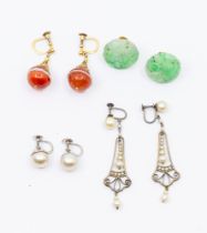 A collection of vintage earrings to include a pair of Art Deco carnelian drops with 9ct gold screw