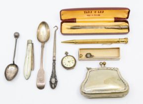 A collection of silver and plate items. To include a sterling silver Yard-O-Led pencil, a similar