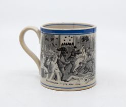 A rare Staffordshire mug, commemorating the Bury and Blackburn riots of 1878, depicting the outbreak