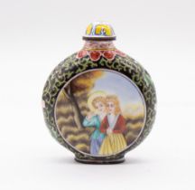 A Chinese Canton enamel on copper snuff bottle, European subject, Qianlong four character mark to