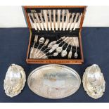 A 1960s canteen of cutlery serving tray and two heavy silver plate gravy/sauce boats with stands