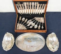 A 1960s canteen of cutlery serving tray and two heavy silver plate gravy/sauce boats with stands