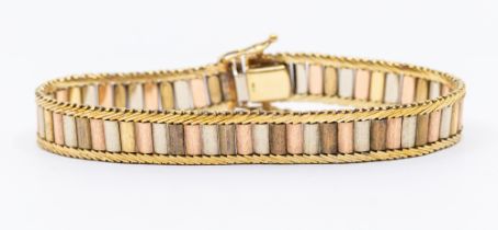 A 9ct gold two tone bracelet, comprising a central row of alternate red, yellow and white gold bar