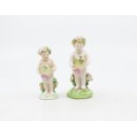 Two late 18th century porcelain putti holding bouquets of flowers, with patch marks to base. Good