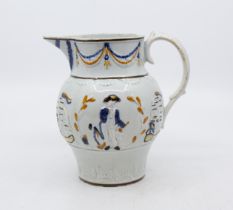A Prattware pottery jug depicting Lord Nelson, c.1810, size 16cm high. Condition: chips to base rim