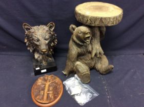 Two large 20th century resin decorative brown bears one on stand, along with 20th century wooden