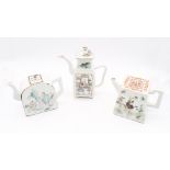 Three 19th century Chinese famille porcelain teapots in an unusual shape and decorated with