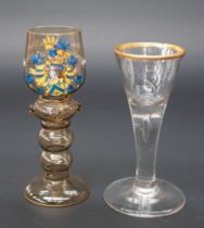 Two 19th Century continental wine and toast glasses, one etched with gilt rim, other with