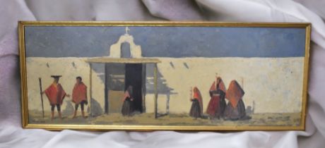 Deborah Jones (1921-2012) Outside Church (Spanish scene) oil on board, 26 x 75cm  signed lower left,