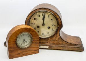 An early 20th century (1920s) large mantle clock, wooden cased. Along with a small oak cased