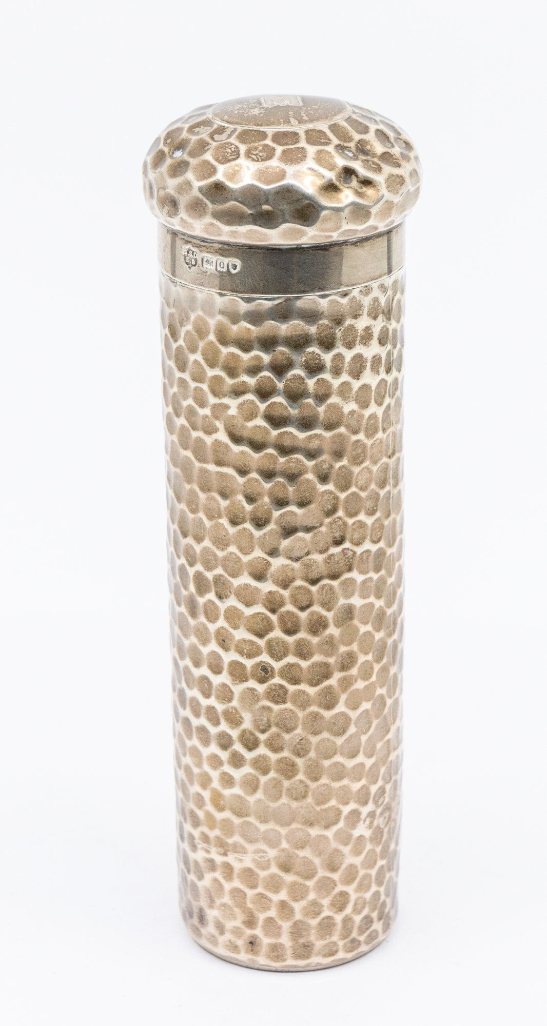 A late Edwardian hammered silver long toilet bottle, screwable top and gilt interior. With - Image 2 of 4