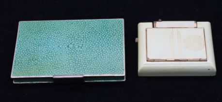 An Art Deco gilt metal mounted combination compact, lipstick and cigarette holder, apple green