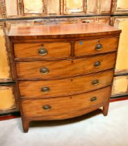 George III mahogany bow front chest of two above three drawers, brass swing handles, bracket feet