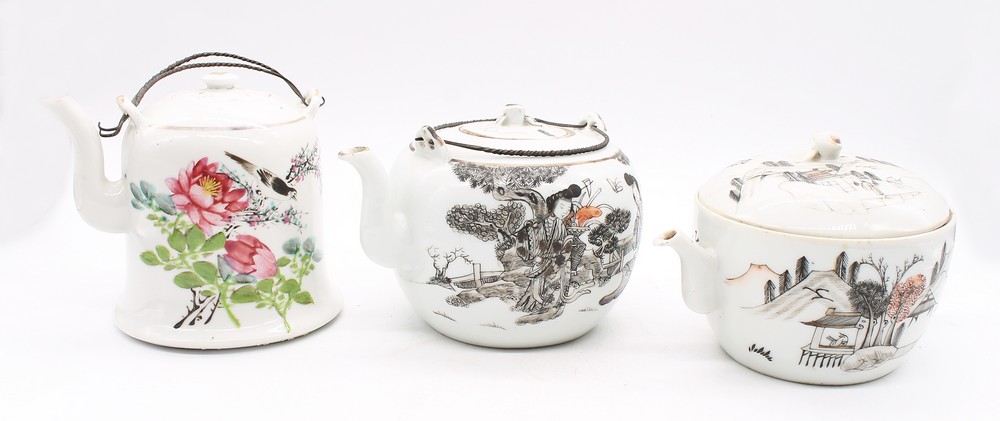 Three 19th century porcelain famille rose Chinese tea pots and covers decorated with Chinese writing