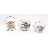 Three 19th century porcelain famille rose Chinese tea pots and covers decorated with Chinese writing