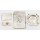 A small group of silver items to include; 1) an Edwardian silver card case with centre roundel