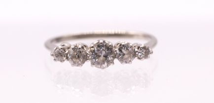 A five stone diamond 18ct white gold and platinum ring, comprising five graduated old European cut