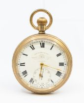 A gold plated open faced pocket watch by Thos Russell & Son, Liverpool, comprising a white enamel