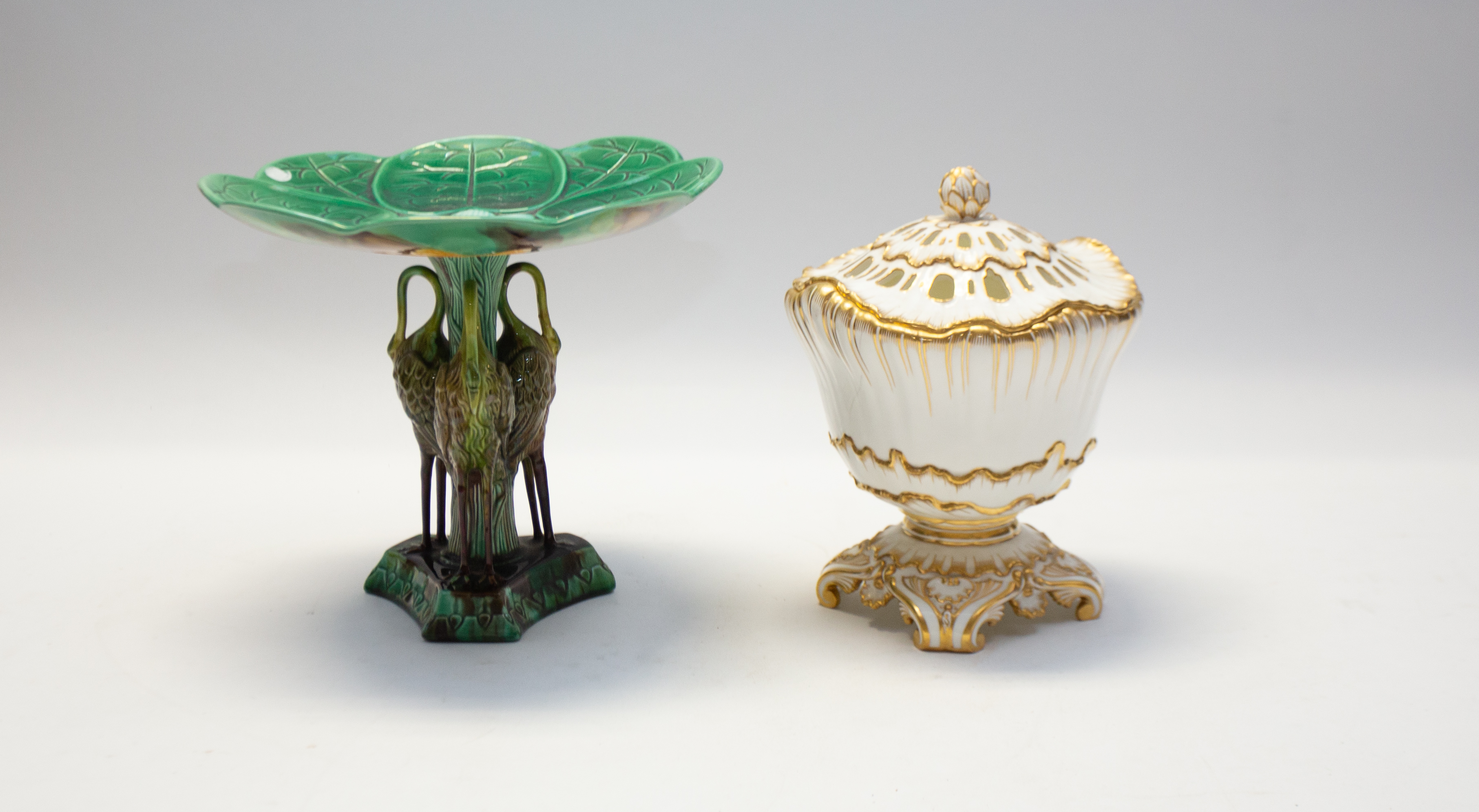 Majolica 19th century table comport with stork detail support along with Minton rose petal lidded