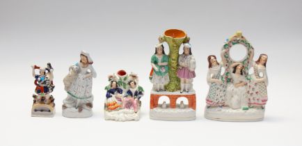 Collection of mid to late 19th century Staffordshire flat back figures, spill and watch holder