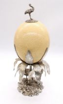 A late Victorian silver plated ostrich egg centrepiece with ostrich surmount and palm tree base