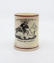 A rare Staffordshire pottery mug commemorating the Peterloo Massacre in Manchester on 16th August