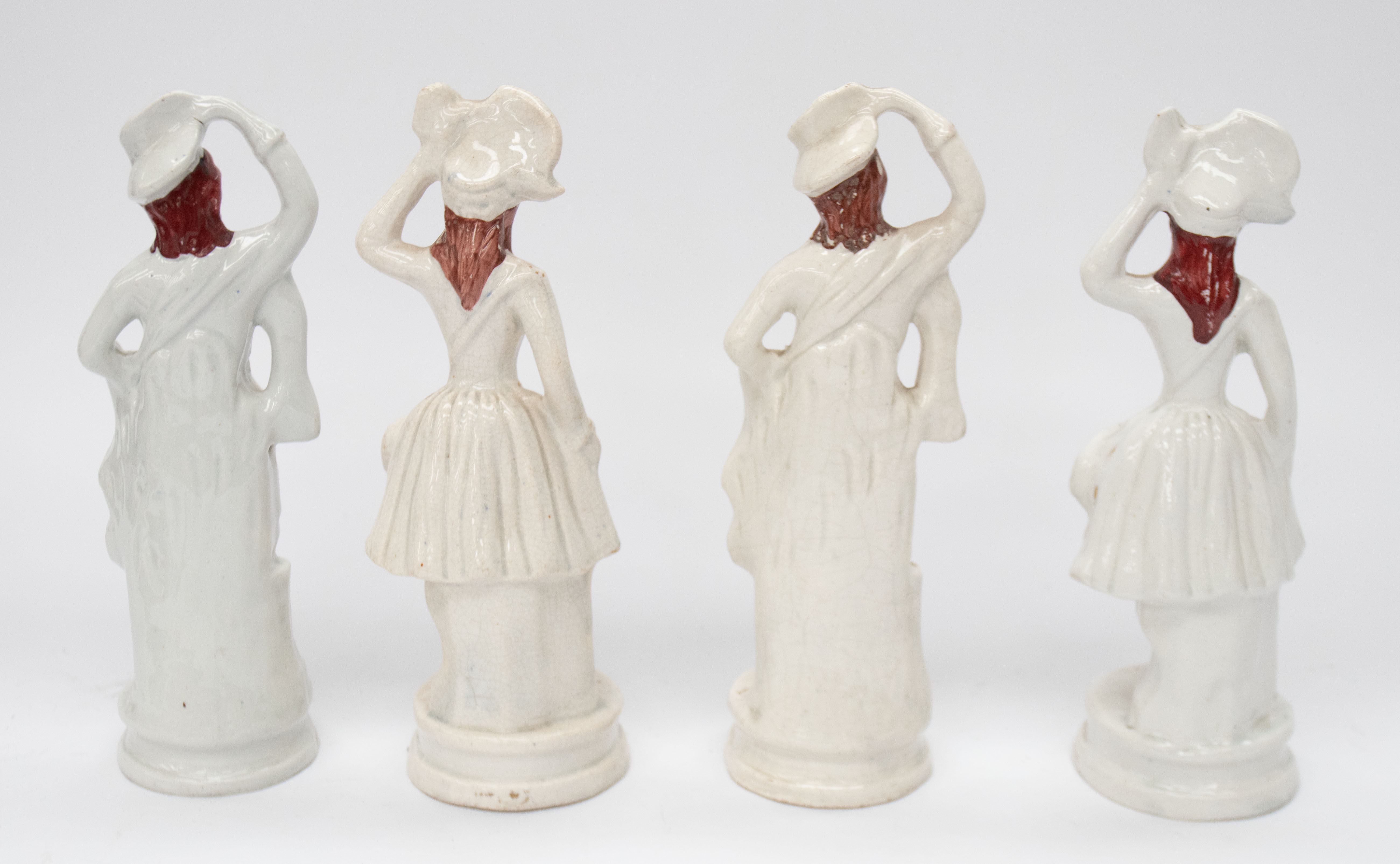 Four similar Staffordshire figures, all Ladies in white dress and hand on hats. Some cracking, wear, - Image 2 of 3