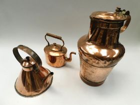 A tall early to mid 20th century copper water vessel, having single handle and hinged cover, along