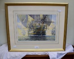 Two framed modern watercolours of galleons by D. Brindley.