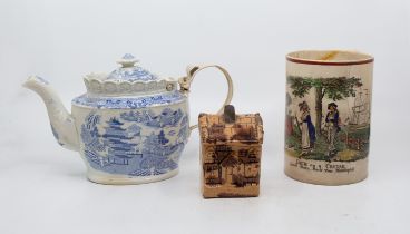 A creamware tall mug depicting Jack on a cruise. A blue and white Castleford-style teapot and a