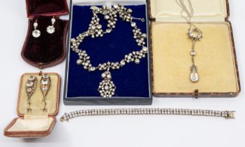 An early 19th century silver and paste set closed back drop necklace, comprising an openwork pearl