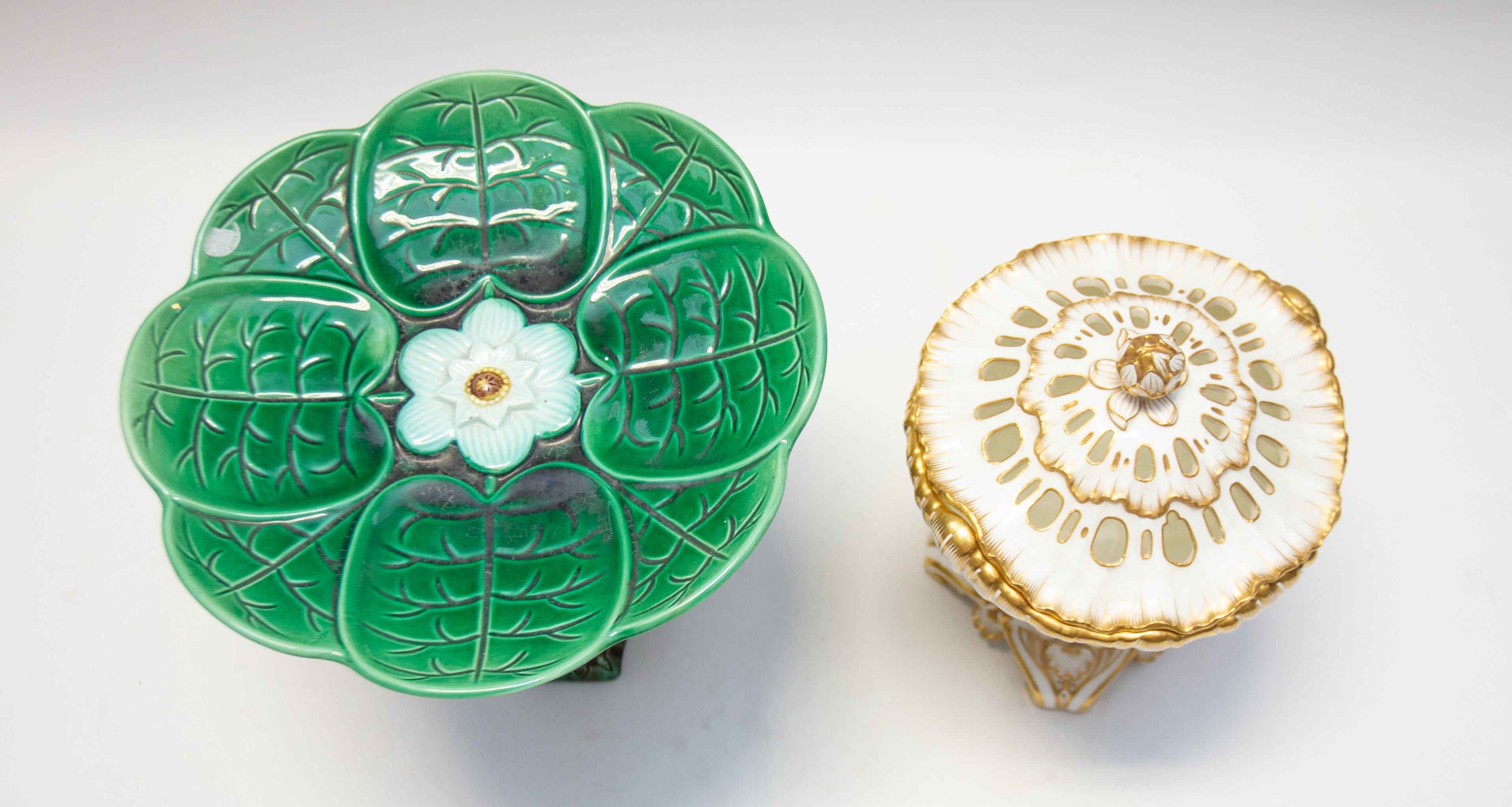 Majolica 19th century table comport with stork detail support along with Minton rose petal lidded - Image 2 of 4