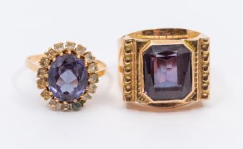 Two synthetic sapphire and 14ct rose gold  dress rings, to include a retro style ring, set centrally